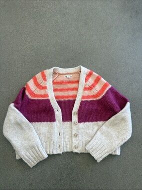 American Eagle Outfitters Cropped Stripe Cardigan - Cream, Purple & Coral